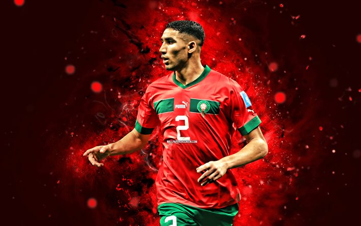 achraf hakimi, 4k, luzes de neon vermelhas, seleção de futebol nacional do marrocos, futebol, jogadores de futebol, antecedentes abstratos vermelhos, time de futebol marroquino, achraf hakimi 4k