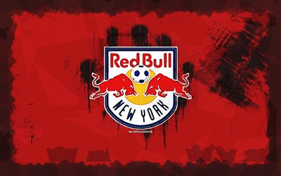 New York Red Bulls grunge logo, 4k, MLS, red grunge background, soccer, New York Red Bulls emblem, football, New York Red Bulls logo, american soccer club, New York Red Bulls FC