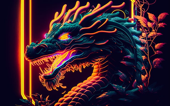 dragon dessiné, art créatif, art dragon, rage, dragon créatif, lumières colorées, flammes, dragons