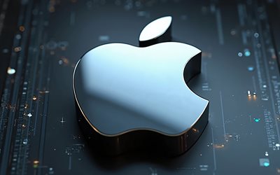 3d Apple chrome logo, 4k, gray metal background, Apple logo, Apple emblem, Apple 3d logo, background with Apple logo, Apple