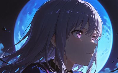 minato yukina, 4k, luna azul, sueño de bang, noche, ojos morados, personajes de bang dream, manga, minato yukina bang dream