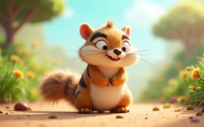 cartoon xerus, 4k, animated 3D animals, artwork, happy animals, 3D xerus, 3D animals, xerus, cartoon animals, xeruses