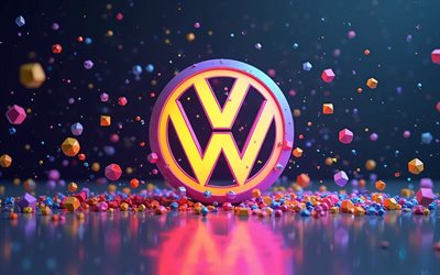 logo 3d volkswagen, 4k, bokeh, forme geometriche 3d, background astratto scuro, opera d'arte, volkswagen logo colorato, arte geometrica, logo volkswagen, marchi di auto, volkswagen
