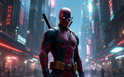데드 풀, 4k, 3d 아트, 거리, 마블 코믹스, 밤, 슈퍼 히어로, 작품, 데드 풀 아트, 창의적인, 데드 풀 4k