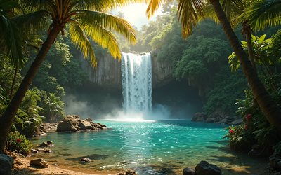 waterfall, 4k, rocks, jungle, waterfall in tropical forest, evening, sunset, beautiful zooro, rainforest, waterfalls, Asia