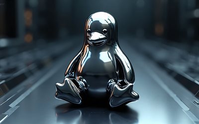 3d Linux chrome logo, 4k, 3d Linux penguin, gray metal background, Linux logo, Linux emblem, Linux 3d logo, Linux penguin, background with Linux logo, Linux