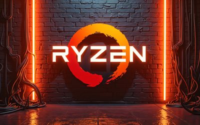 ryzen orange neon  logo, 4k, kreativ, orangen  neonlichter, schwarzer backstein  hintergrund, marken, ryzen neon  logo, kabel, elektronik, ryzen logo, ryzen 3d  logo, ryzen