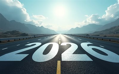 Happy New Year 2026, 4k, 2026 inscription on the asphalt, 2026 concepts, 2026 New Year, asphalt road, forward to 2026, creative art