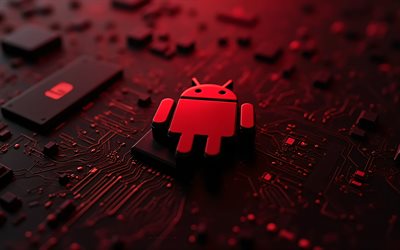 logotipo rojo de android 3d, 4k, placa base roja oscura, logotipo de android, emblema de android, emblema 3d de android, robot android, fondo de tecnología roja, androide, fondo con el logotipo de android, signo de android