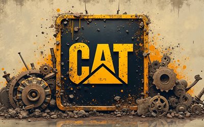 4k, logotipo grunge caterpillar, engrenagens de metal, marcas, fundo metal amarelo, logotipo de metal da lagarta, equipamento de construção, logotipo da lagarta, obra de arte, lagarta, logotipo do gato, gato