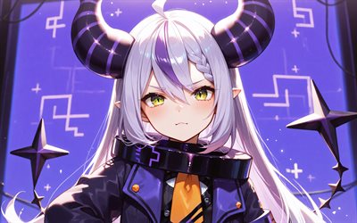 laplus, 4k, antecedentes criativos violeta, virtual youtuber, 3d art, hololive, vtuber, olhos roxos, escuridão de la, mangá, canal de laplus, laplus virtual youtuber