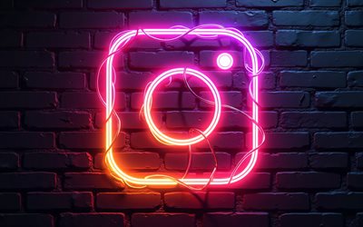 4k, logotipo de neón colorido de instagram, oscuridad, creativo, bokeh, redes sociales, logotipo de neon instagram, muro de ladrillo, cables, marcas, logotipo de instagram, logotipo 3d de instagram, instagram