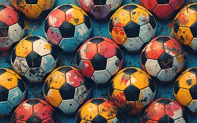 patrón de pelotas de fútbol, 4k, fondos retro, patrones de fútbol, fondo de grune colorido, arte abstracto, antecedentes con bolas, antecedentes de fútbol, fondos de fútbol