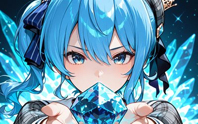 hoshimachi suisei, 4k, cristales azules, de cerca, youtuber virtual, vtuber, obra de arte, ojos azules, manga, channel hoshimachi suisei, hoshimachi suisei youtuber