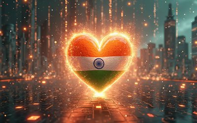4k, amo la india, arte digital, luces de neón naranja, oscuridad, creativo, día de la india, bandera de la india, corazón con bandera india, corazones 3d, bandera india, india, amor por la india
