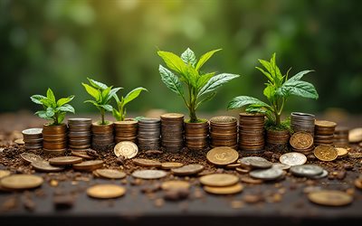 money growth, 4k, investments, green leaves on stacks of coins, growth concepts, investments concept, stacks of coins, finance concepts, coins