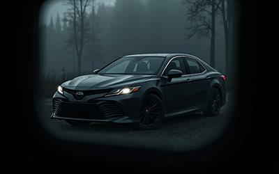 تويوتا كامري, 4k, عرض من خلال النافذة, كامري, black toyota camry, ضبط تويوتا كامري, الطقس الغائم, السيارات الرياضية اليابانية, تويوتا