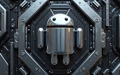 4k, logo android metal, bokeh, marques d'os, œuvres d'art, arrière plans métalliques, logo android 3d, créatif, logo os, logo android, marques, androïde