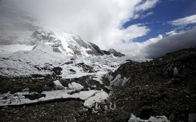 le brouillard, les montagnes, en 2015, le népal, la neige, le ciel, les pierres
