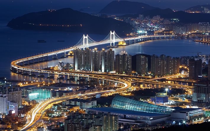 lights, night, the bridge, the city, busan, south korea