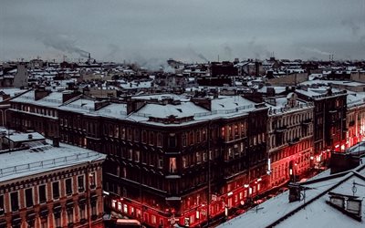 अनुसूचित जनजाति पीटर्सबर्ग, शाम, छत, घर, इमारत, बर्फ, शहर, रूस