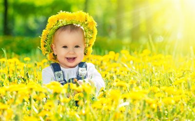 bebé, verano, diente de león, corona de flores, el sol, las flores