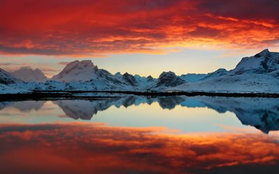 dağlar, kar, su, Gün batımı, kızdırma, lofoten, Norveç