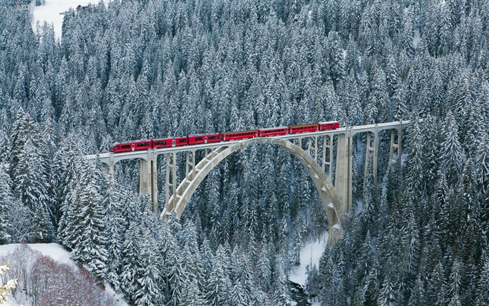 switzerland, nature, snow, winter, bridge, train, forest, river, trees