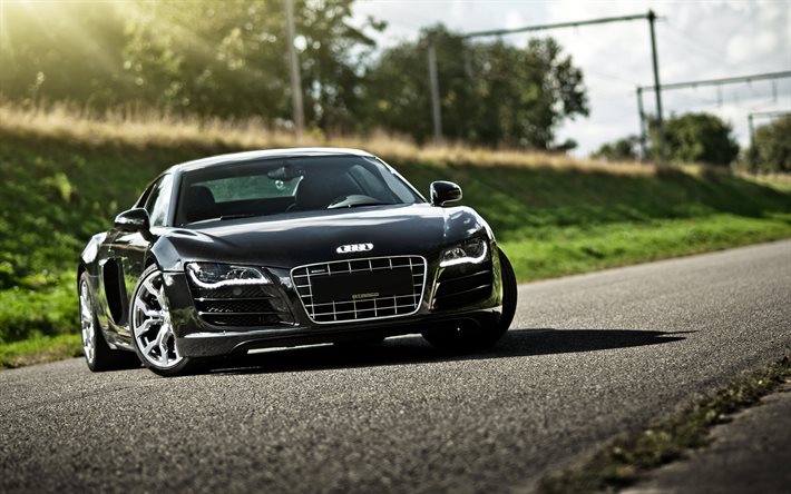 black, audi r8, road, front view, reflections of light