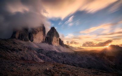 clouds, mountains, sunset, sun rays, landscape, summer, sky, alps, mountain, italy, nature, the rays of the sun