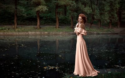 georgiy chernyadyev, women outdoors, dress, redhead, the lake, woman, strapless dress, nature, lake