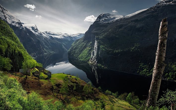 परिदृश्य, प्रकृति, fjord, पेड़, पहाड़ों, झरना, बर्फ, शिखर, घाटी, घर, पहाड़, सूरज की किरणों, geiranger