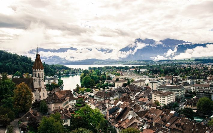 ev, şehir, tun, göl, bulutlar, lake thun, İsviçre