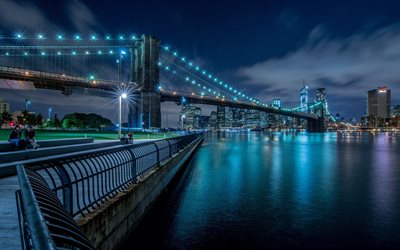 manhattan, nacht, city, brooklyn bridge, brücke, lichter, new york