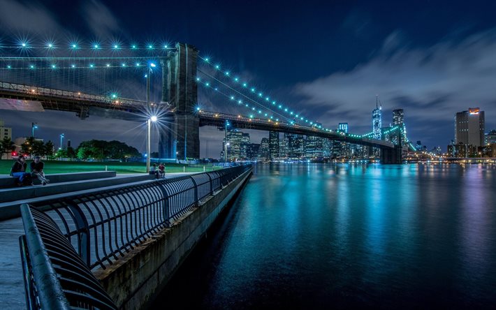 manhattan, natt, staden, brooklyn bridge, bron, ljus, new york