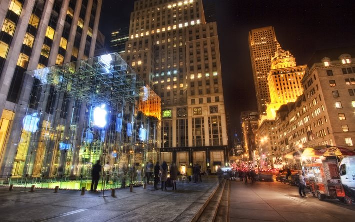shop, apple store, the building, night, new york, lights, the city, usa