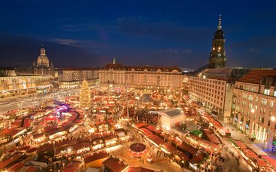 a cidade, mercado de natal, iluminação, dresden, saxônia, alemanha, \"striezelmarkt\"