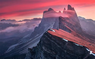 mountains, mountain, rock, landscape, red sky, glow
