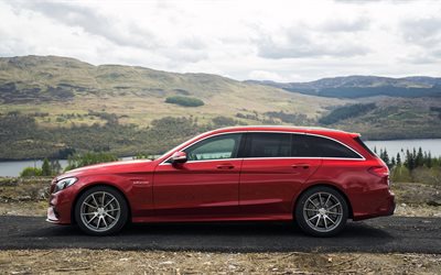 부동산, c63, 빨간 자동차, mercedes-amg, 2016, side view, 영국-spec