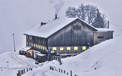 house, the house, austria, snow, drifts, cabin, smoke, beautiful