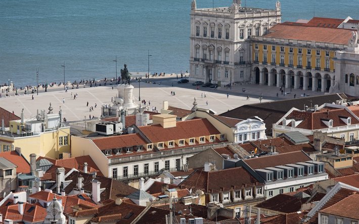 şehrin üstten görünüşü, çatı, deniz, liman, Portekiz