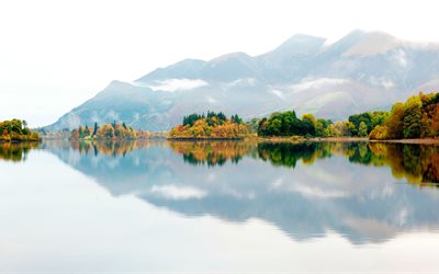 water, sky, england, hill, lake, autumn, mist, the lake, forest, trees, fall, mountain, nature, colorful, reflection