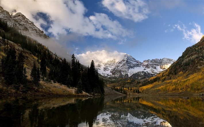 lake, mountain, forest, nature, mist, fog, autumn, morning, water, reflection, mountains, the lake, clouds, colorado