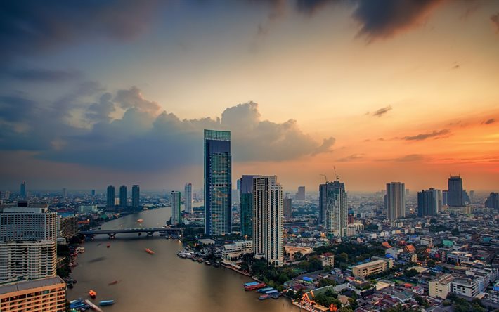 metropol, stad, skyskrapa, flod, utsikt över panorama, bron, staden, bangkok, byggnader