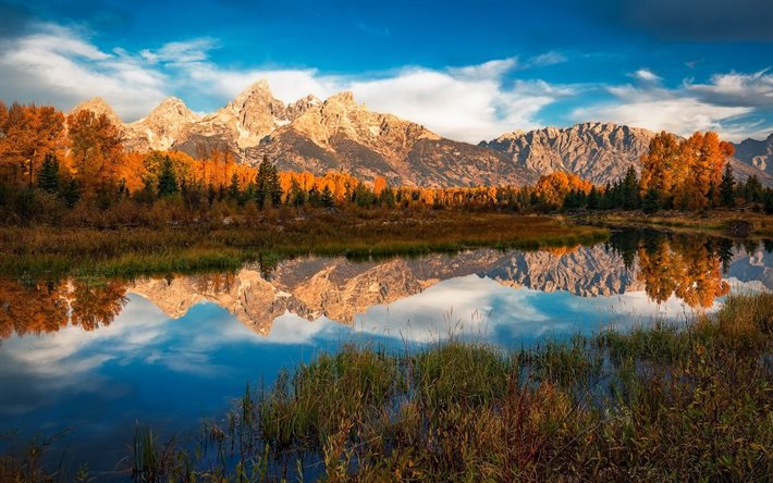 landscape, morning, river, nature, autumn, mountain, mountains, forest, fall, clouds, water, grand teton, national park, reflection