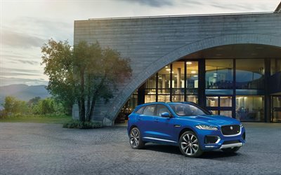 f-pace, 2016, le jaguar, le bâtiment, la voiture bleue, de nouveaux éléments, de croisement, de jaguar