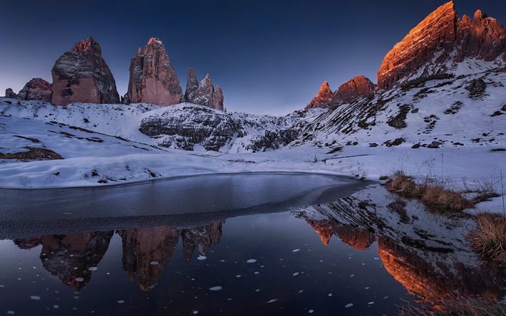 snow, mountain, hill, rock, winter, nature, evening, frozen lake, mountains, ice, reflection, grass, the lake