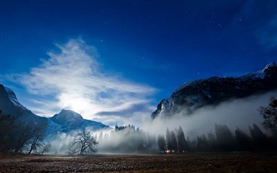 stars, the sky, fog, sky, landscape, trees, moon, mountains, clouds, mist, nature, moonlight