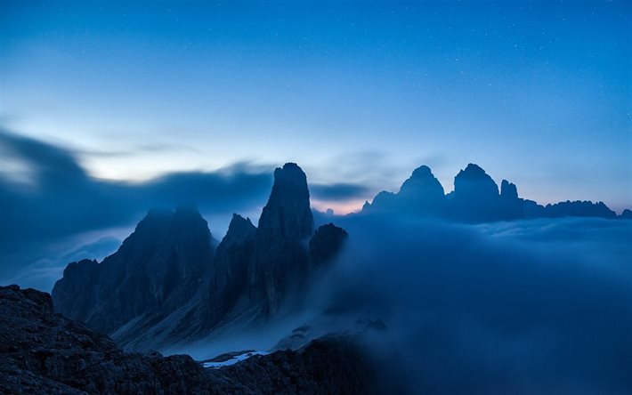 le brouillard, les montagnes, le paysage, la brume, bleu, la montagne, le soir, la nature, les alpes, les nuages