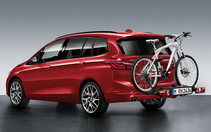 2-serie, bmw, rosso, 2016, gran tourer, la compatta monovolume, posteriore, montato in bici